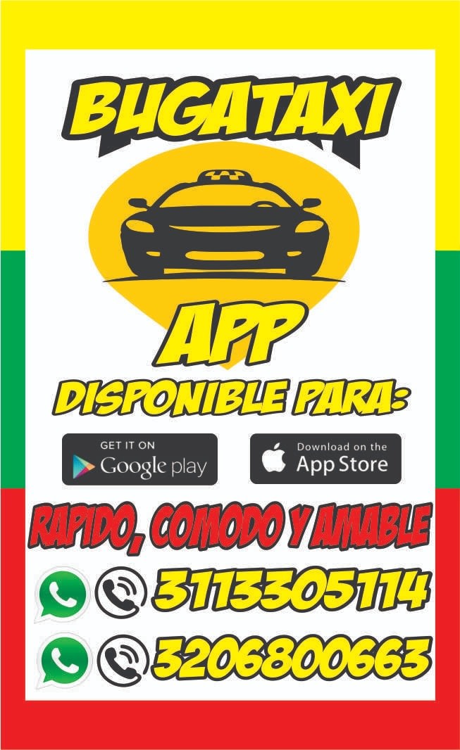 Flyer de Bugataxi App: disponible para Google Play y App Store